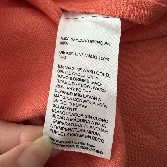 Chicos Linen Orange Fluted Sleeve Shift Dress Sz 8 Pockets Collared Minimalist - Picture 11 of 11
